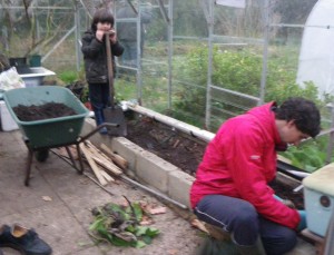 Marcos and Dante preparing the greenhouse bed